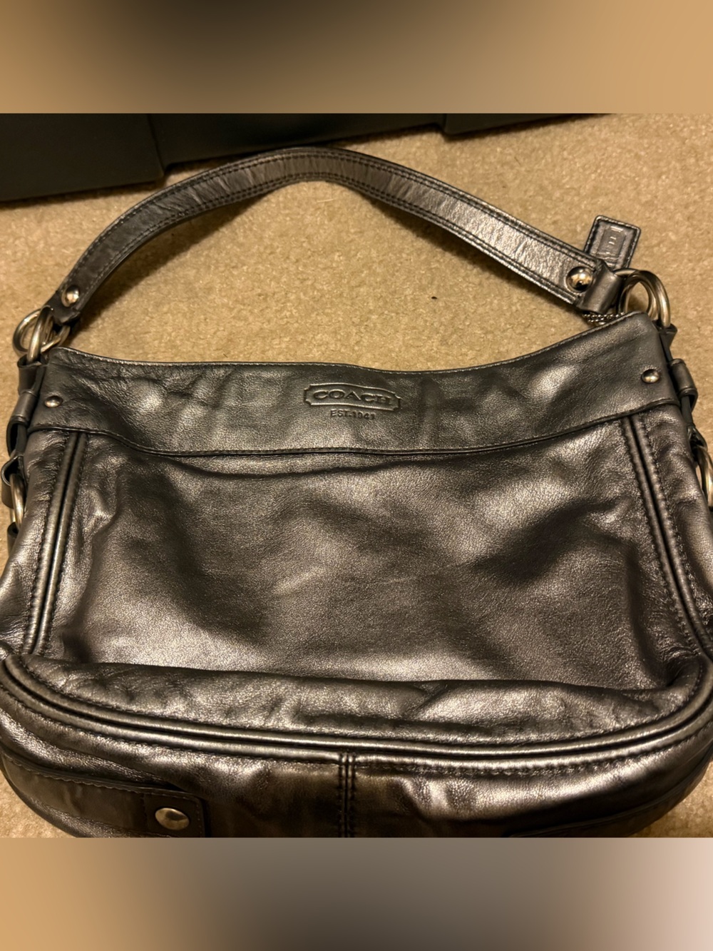 Coach Black Leather Hobo Shoulder Bag with Silver Hardware
